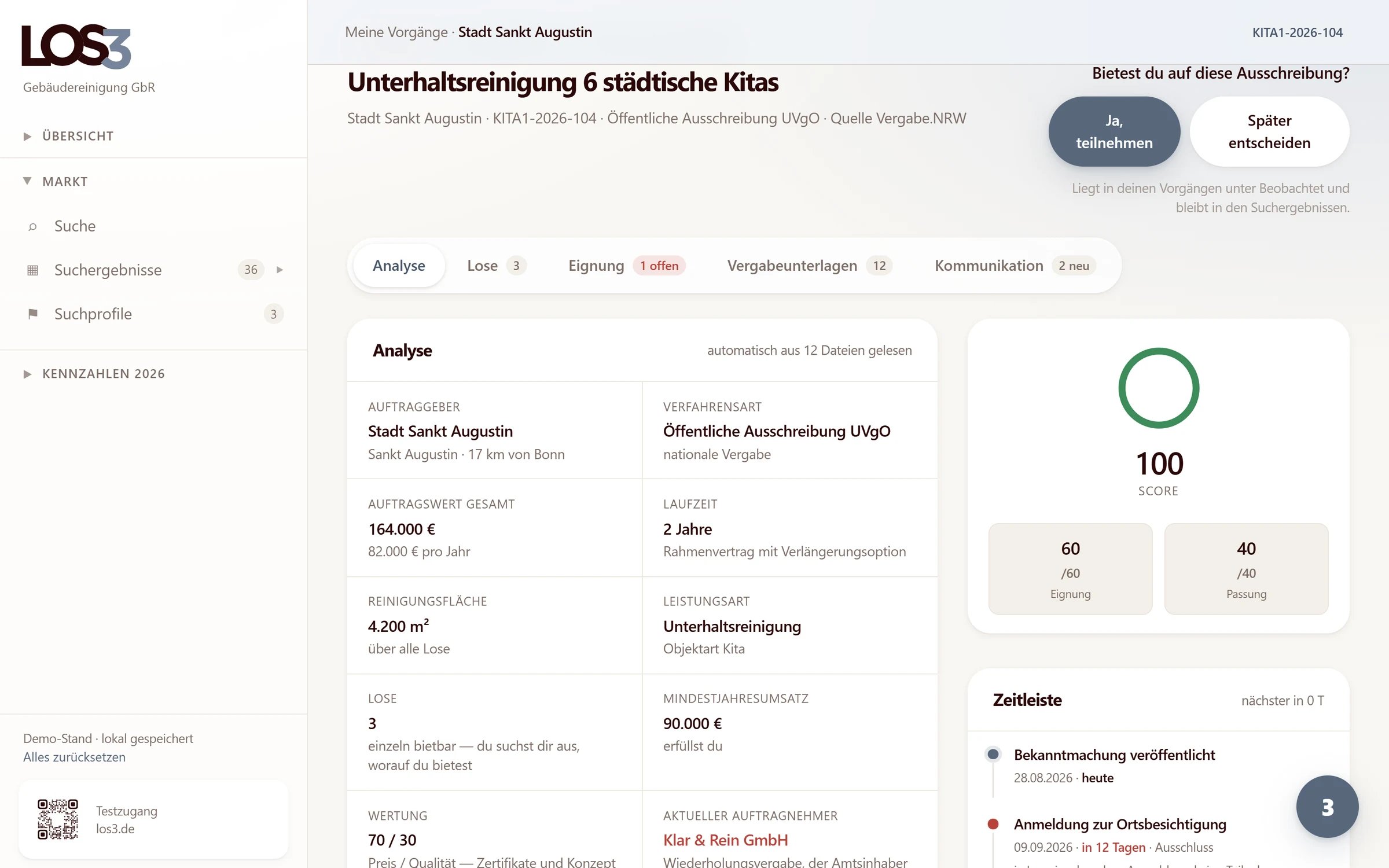 Flächen, Lose, Intervalle und Wertungsverhältnis in Los3 mit Fundstelle in den Unterlagen.