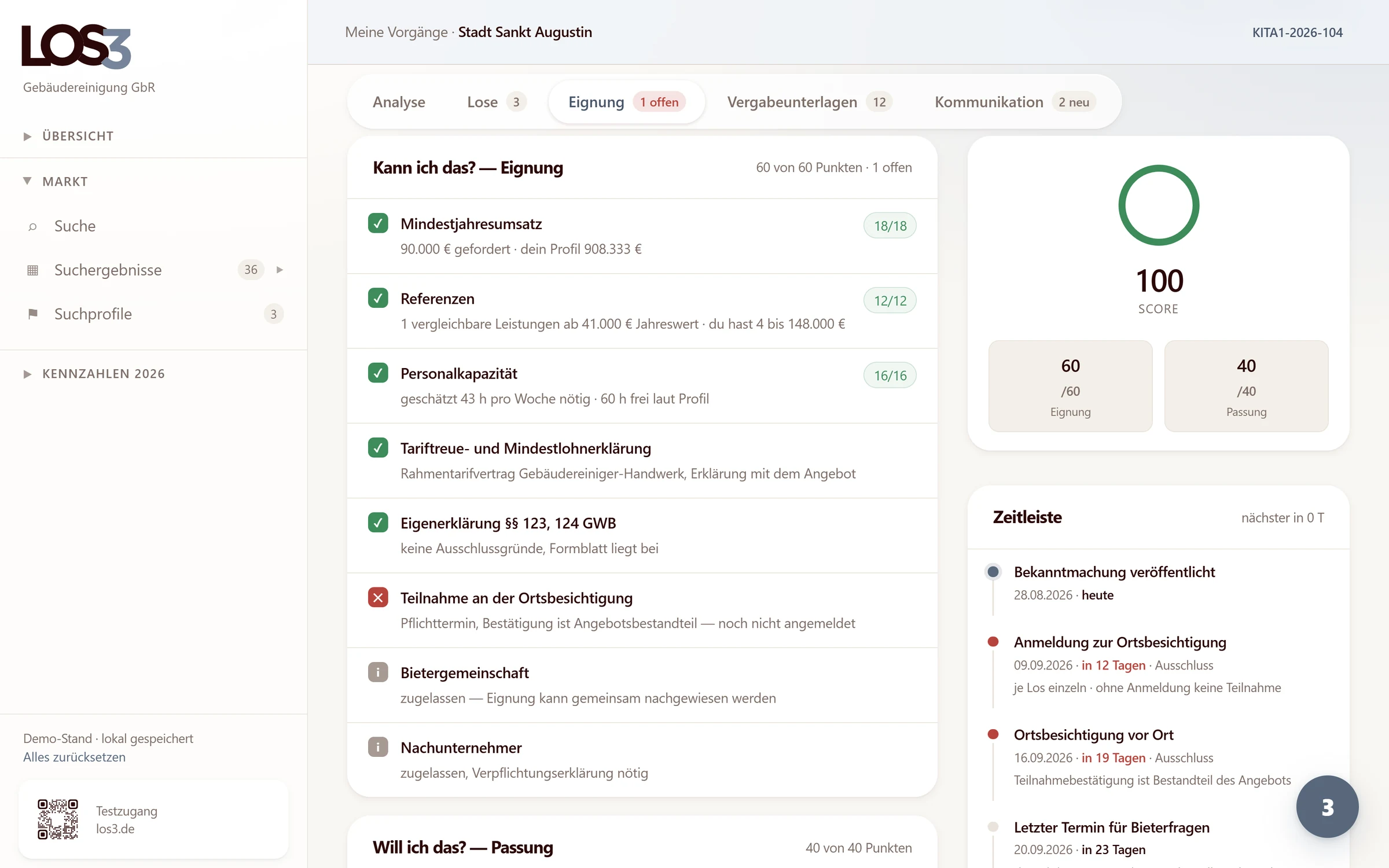 Ergebnis der Eignungsprüfung in Los3 vor der Kalkulation.