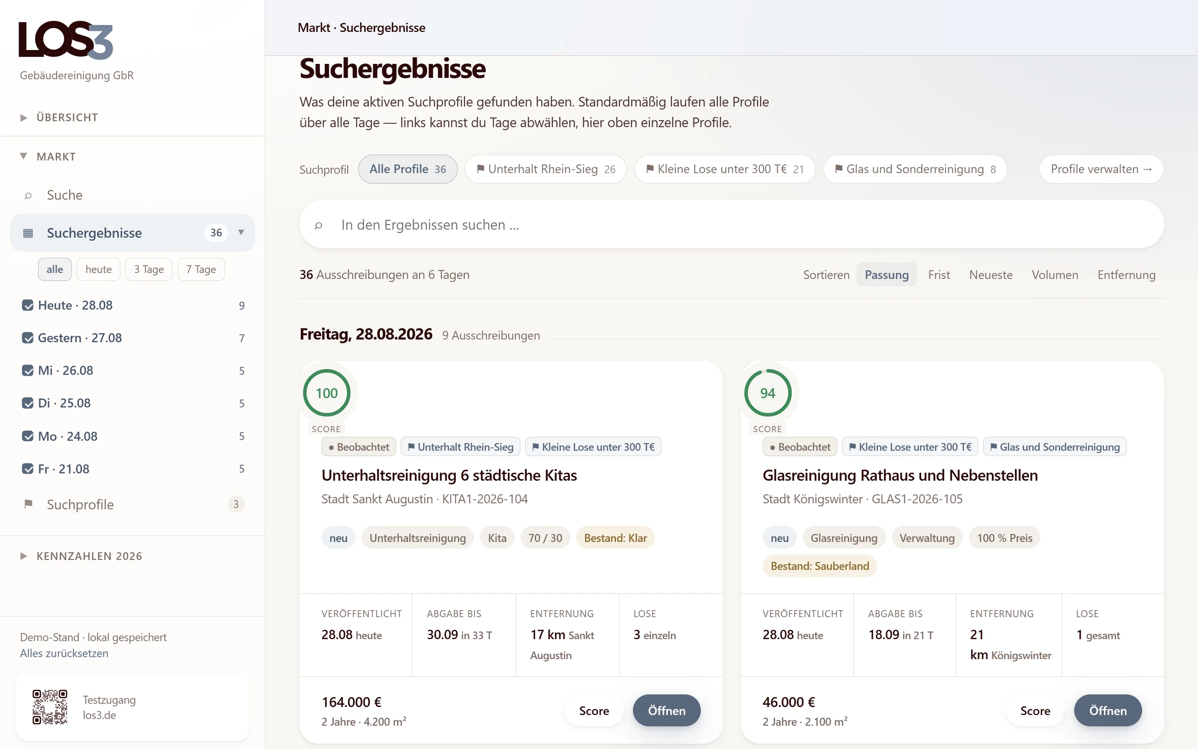 Tagesübersicht in Los3 mit neuen Ausschreibungen, je Eintrag Ort, Auftraggeber und Frist.