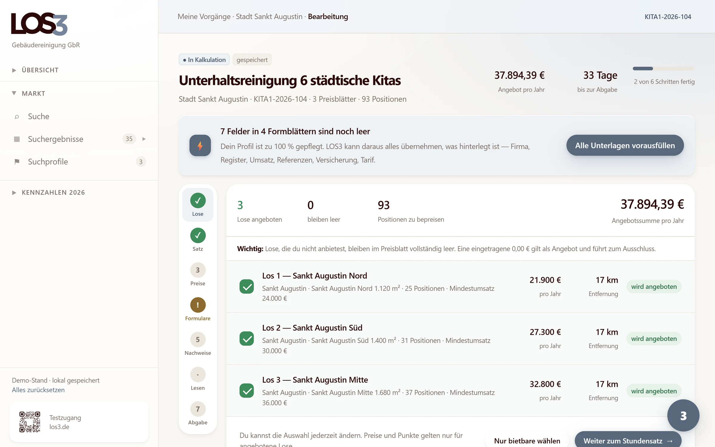 Vorbefülltes Vergabeformular in Los3 mit den Daten aus dem Betriebsprofil.