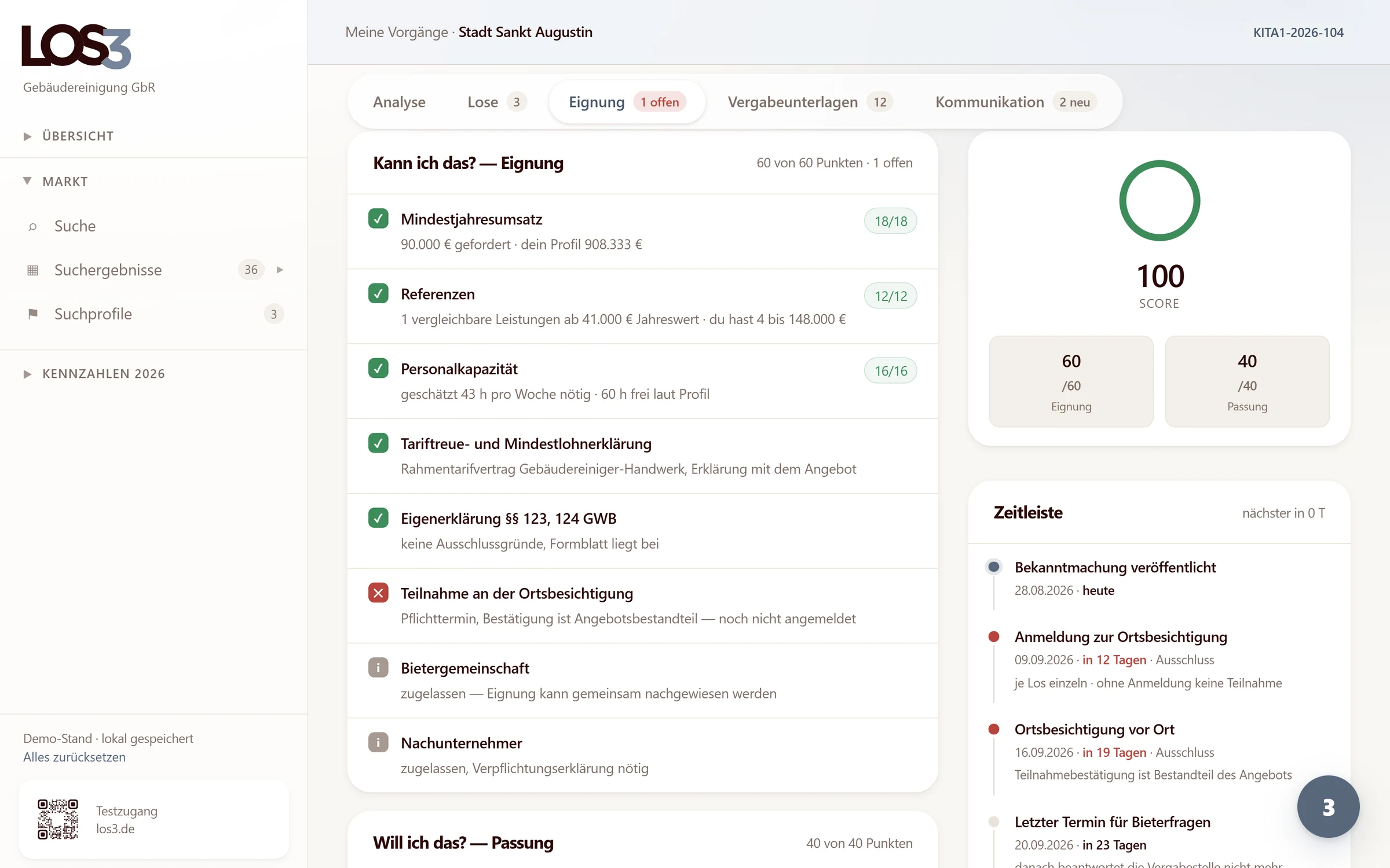 Prüfung einer Ausschreibung in Los3: Eignungskriterien, geforderte Nachweise und Passung zum Betriebsprofil.